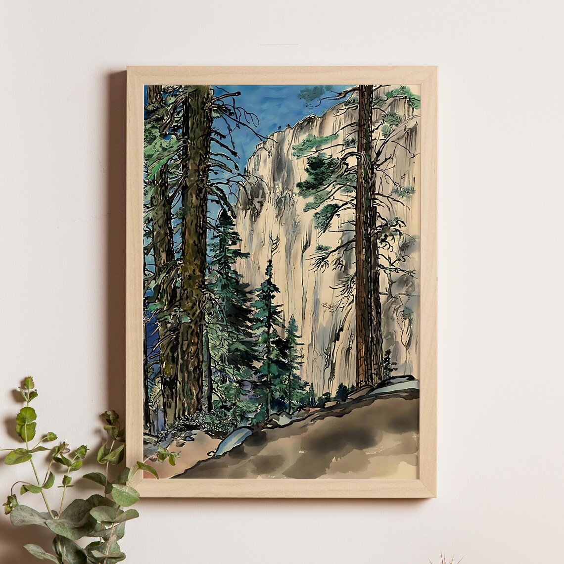 Towering Pines and Sheer Granite Cliff Watercolor Forest Poster