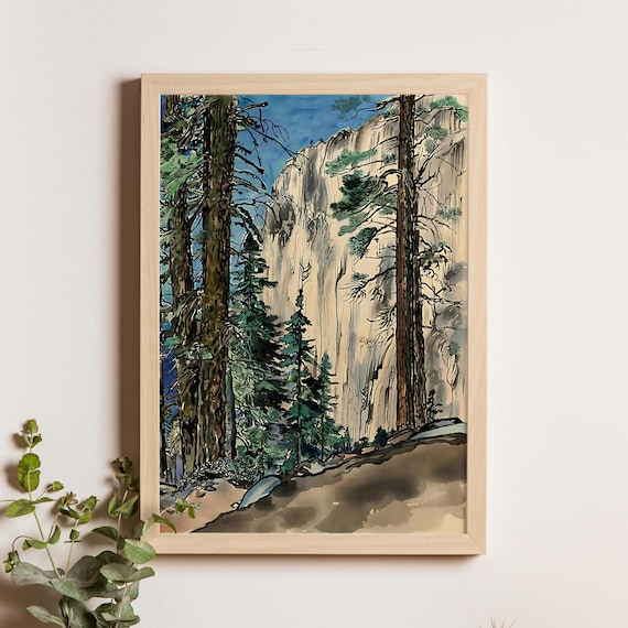 Towering Pines and Sheer Granite Cliff Watercolor Forest Poster