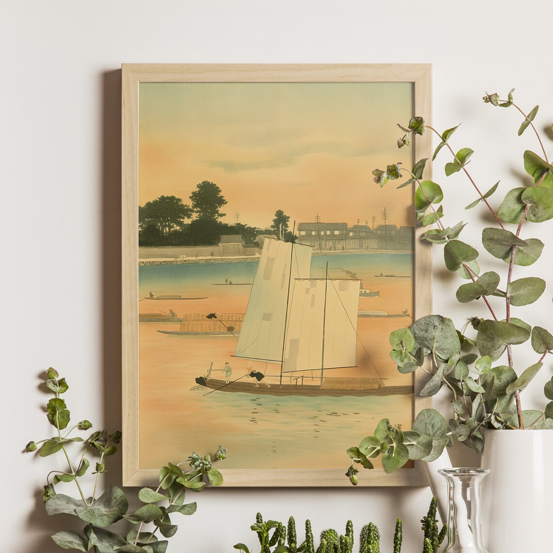 Sailboats on Golden River Sunset Vintage Japanese Woodblock Poster