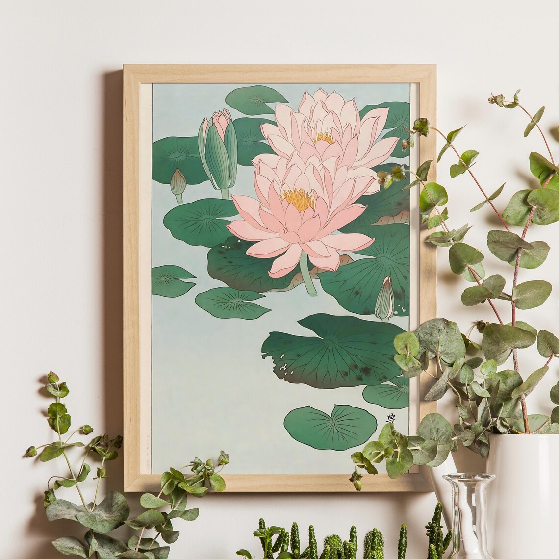 Pink Lotus Blossoms and Green Lily Pads on Calm Water Wall Art