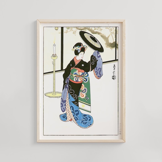 Dancing Maiko with Umbrella by Candlelight Hasegawa Sadanobu Art Poster
