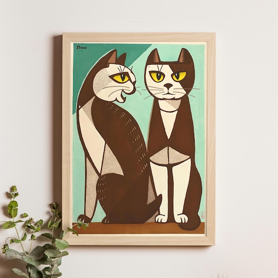 Inagaki Tomoo Two Cats of Cosmic Sound Teal Japanese Art Poster