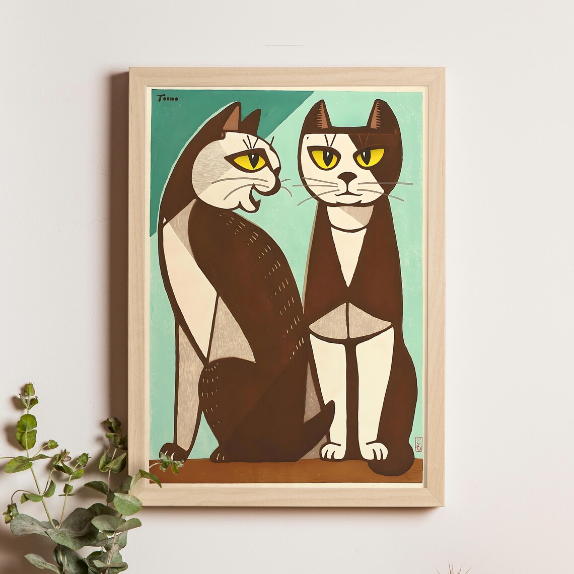 Inagaki Tomoo Two Cats of Cosmic Sound Teal Japanese Art Poster