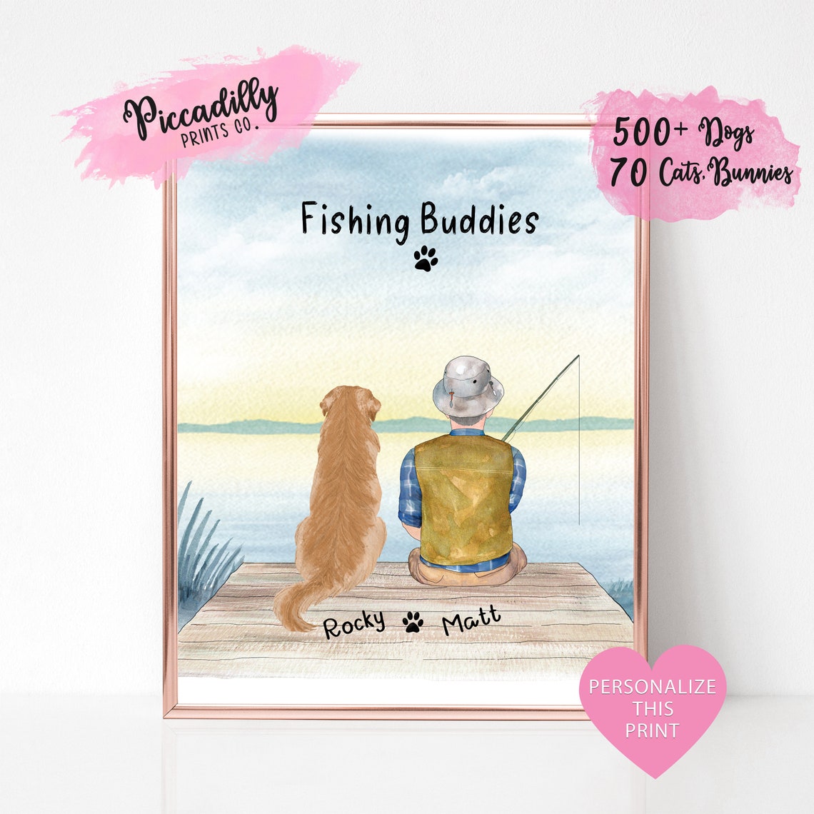 Personalized Fishing Buddies Art Man Dog Dock Sunset Gift Poster