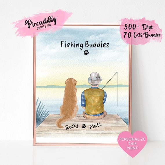 Custom Dad Grandfather Print Gift Personalised Fishing Man Portrait With Dog Fathers Day Or Birthay Fisherman For Him