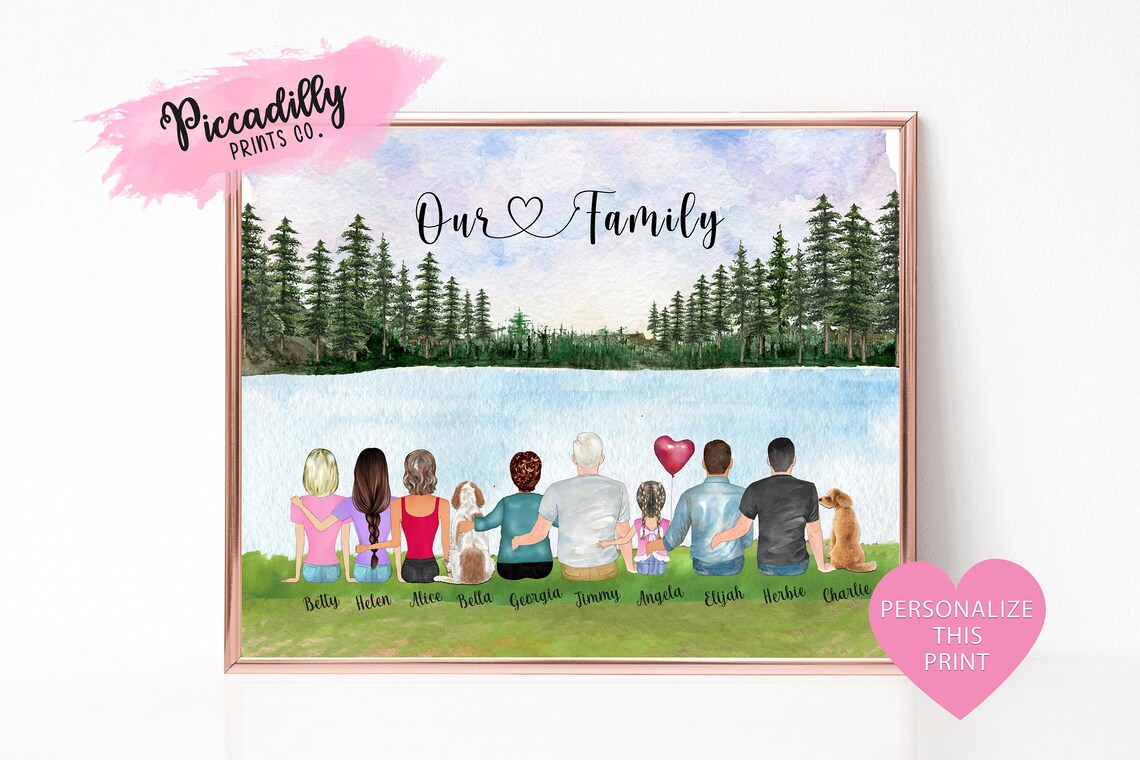 Custom Family Portrait With Dog, Personalised Print