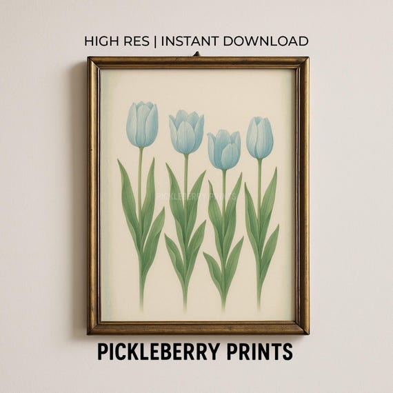 Blue Green Tulip Floral Wall Art Modern Southern Botanical Print Grandmillennial Elegant Preppy Chinoiserie Decor
