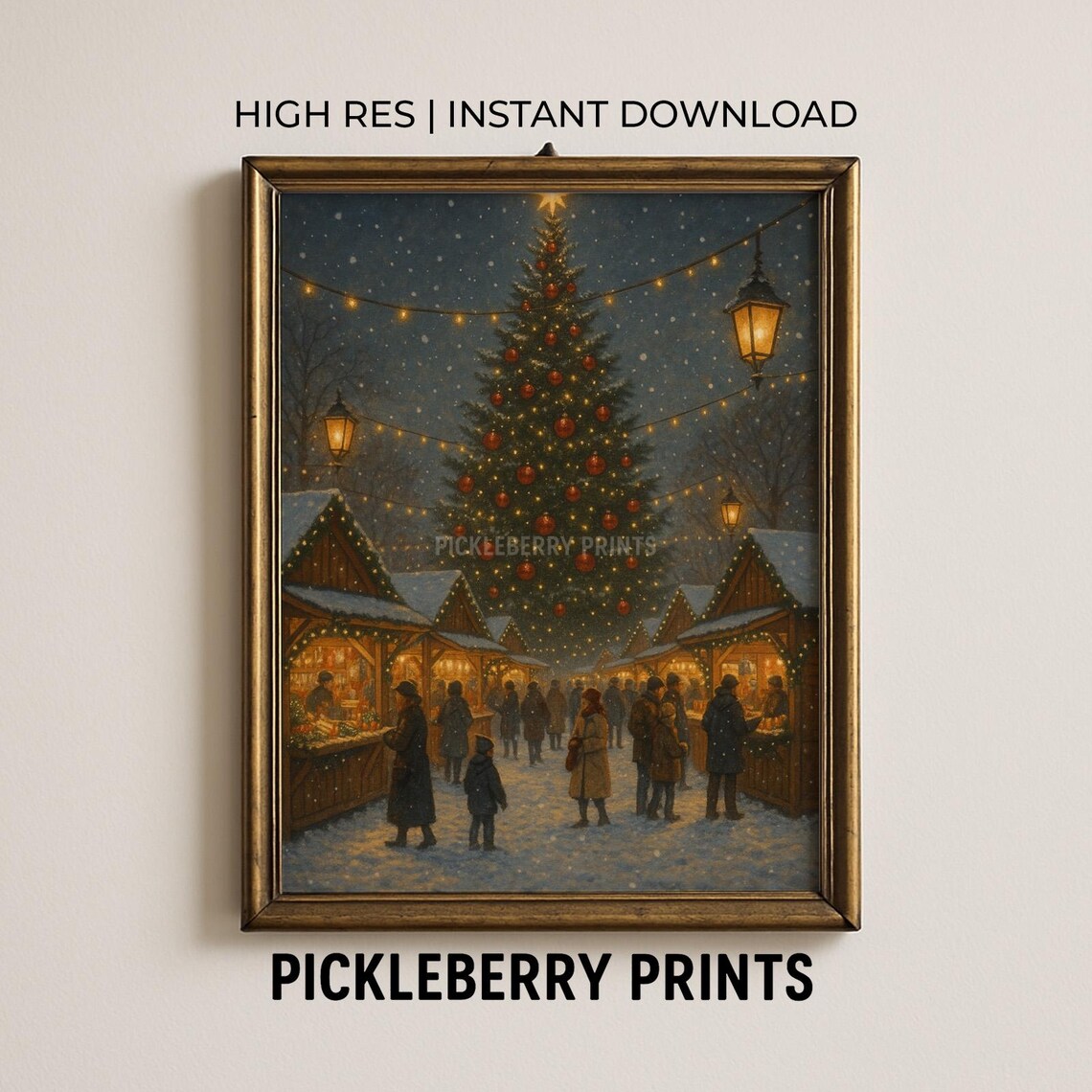 Charming Christmas Market Night Tree Snow Vintage Holiday Poster