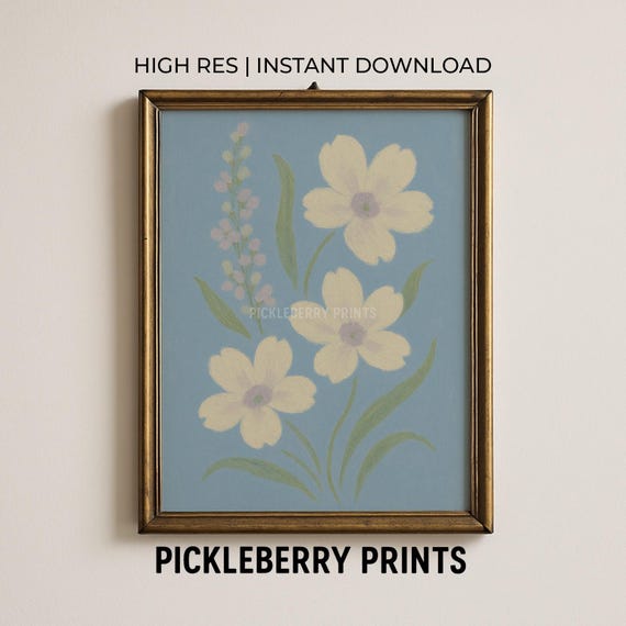 Blue Green Floral Botanical Print Grandmillennial Wall Decor Modern Southern Art