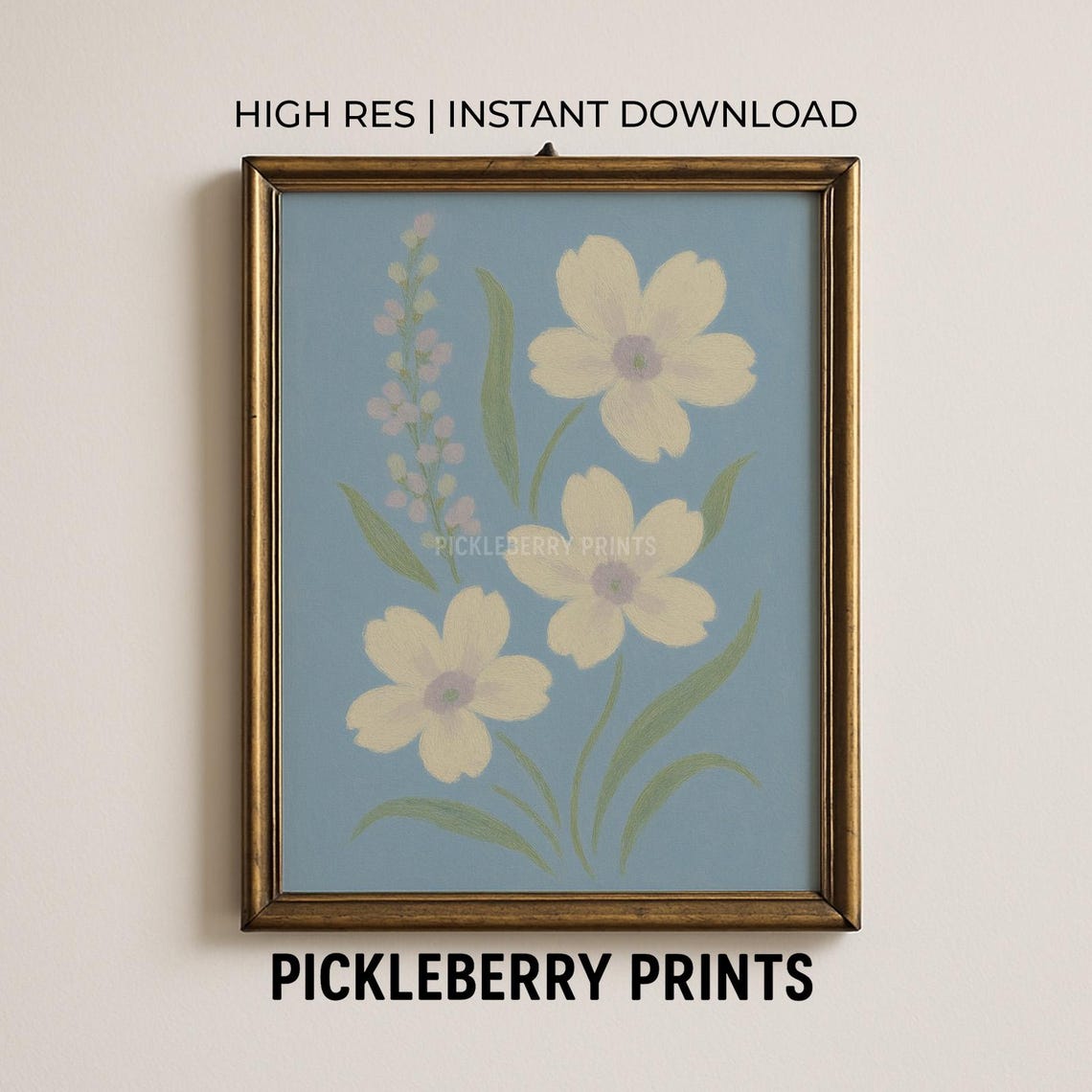 White Daisies Dusty Blue Vintage Botanical Garden Flower Poster