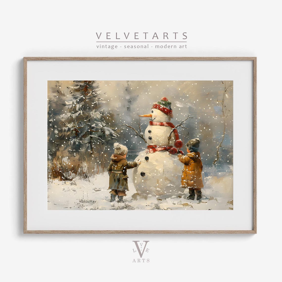 Children Building Snowman Snowfall Winter Scene Vintage Wall Art Print