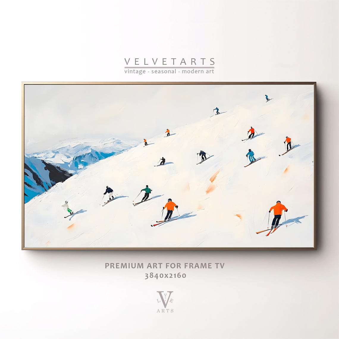 Skiers on a Bright Snowy Mountain Slope Minimalist Winter Wall Art - Image 5