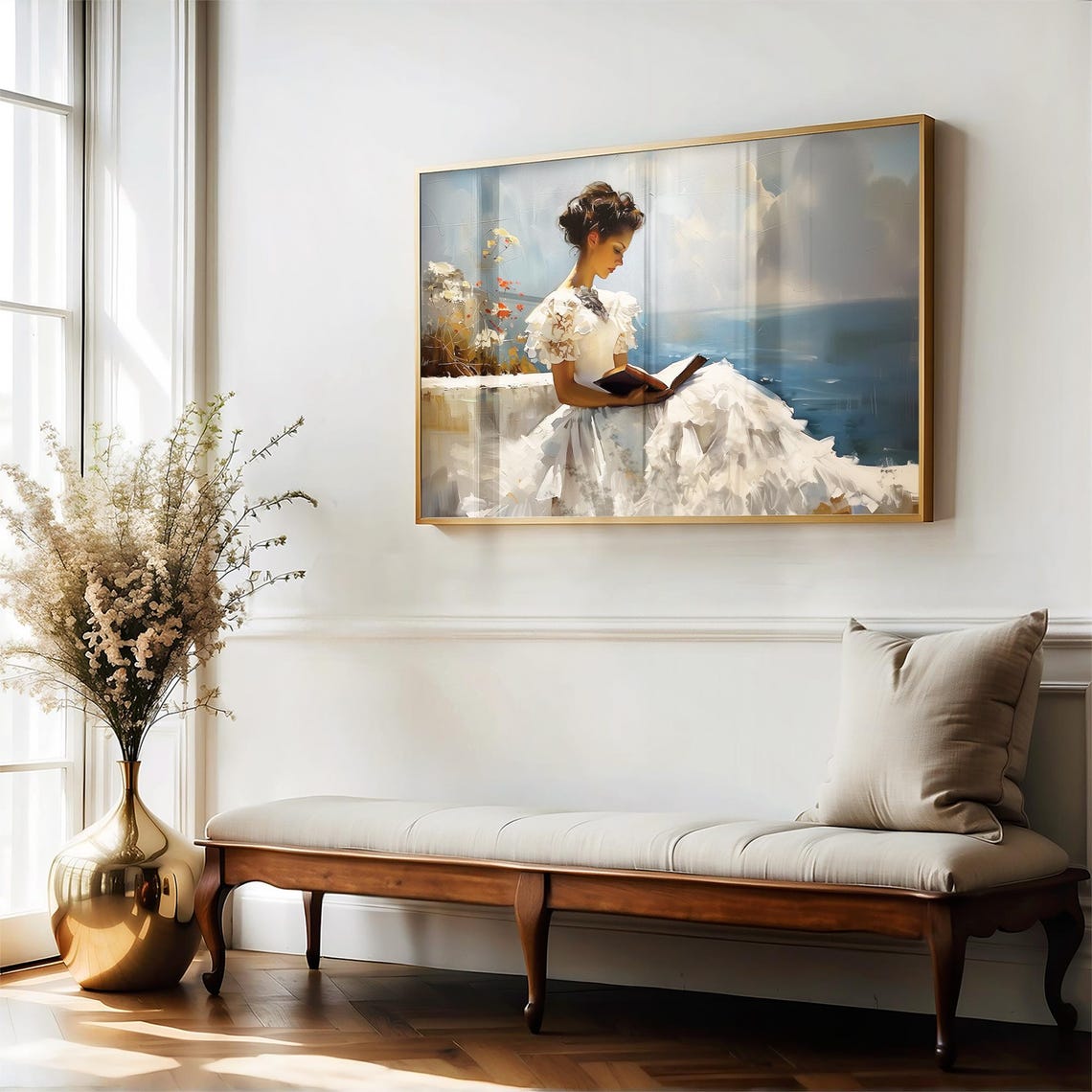 Woman In White Dress Reading Vintage Painting Neutral Antique Painting Farmhouse Art Vp0160 - Image 4