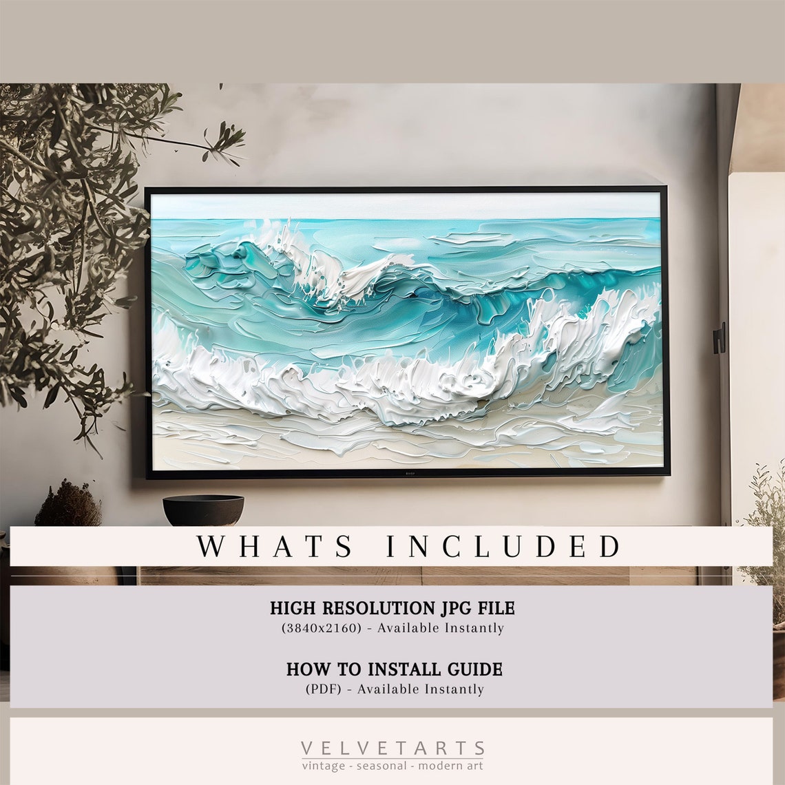 Turquoise Tide Foam Waves Impasto Coastal Beach Painting Poster - Image 4