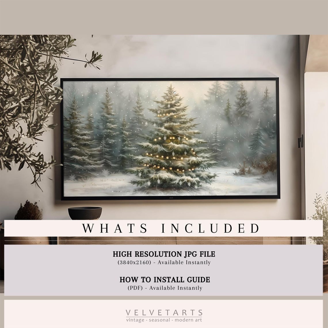 Snowy Christmas Tree Lights Misty Winter Forest Painting Poster - Image 4