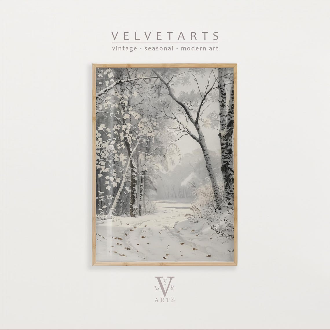 Birch Grove Winter Forest Snowy Path Minimalist Neutral Wall Art Print