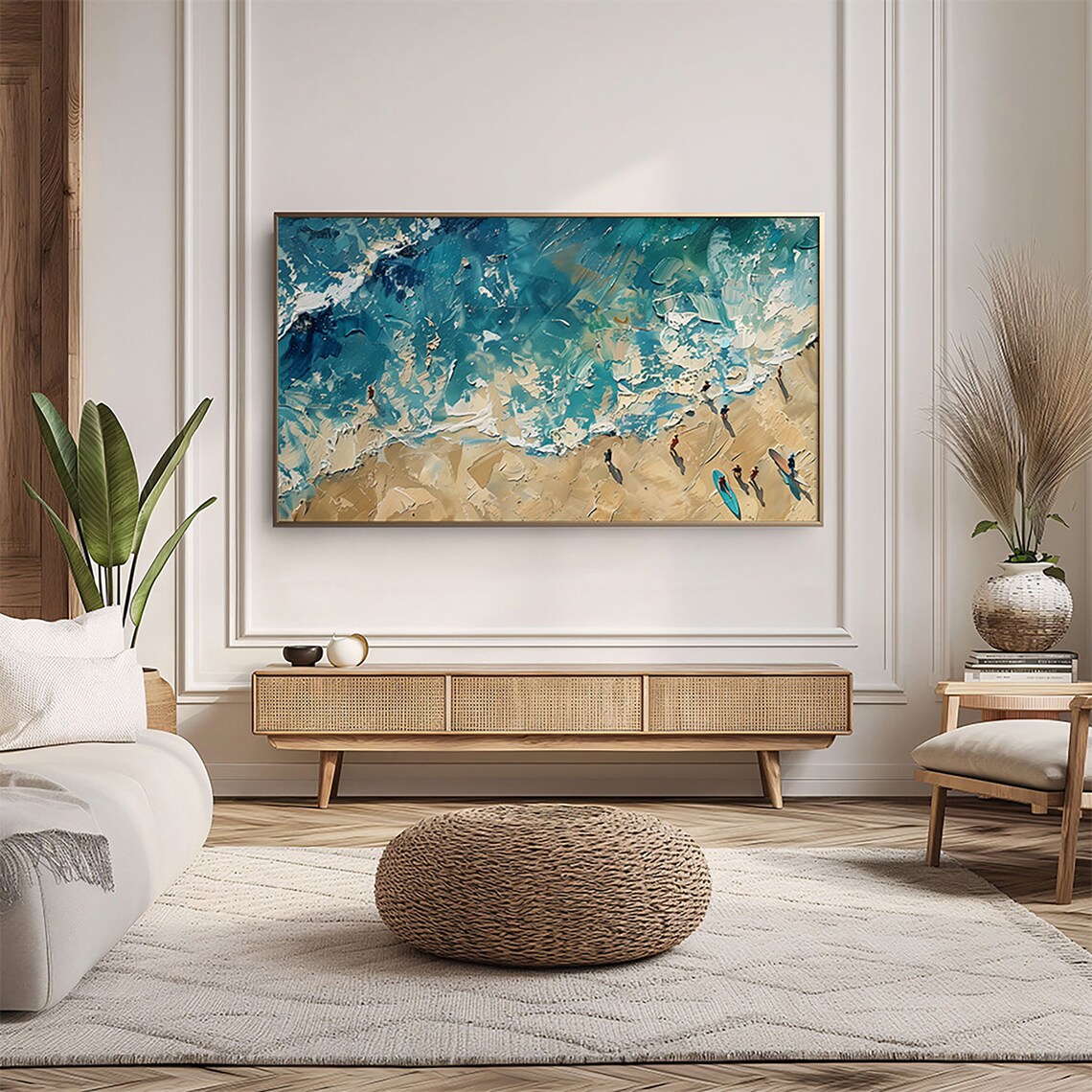 Aerial Beach Surfers Turquoise Waves Golden Sand Painting Poster - Image 5