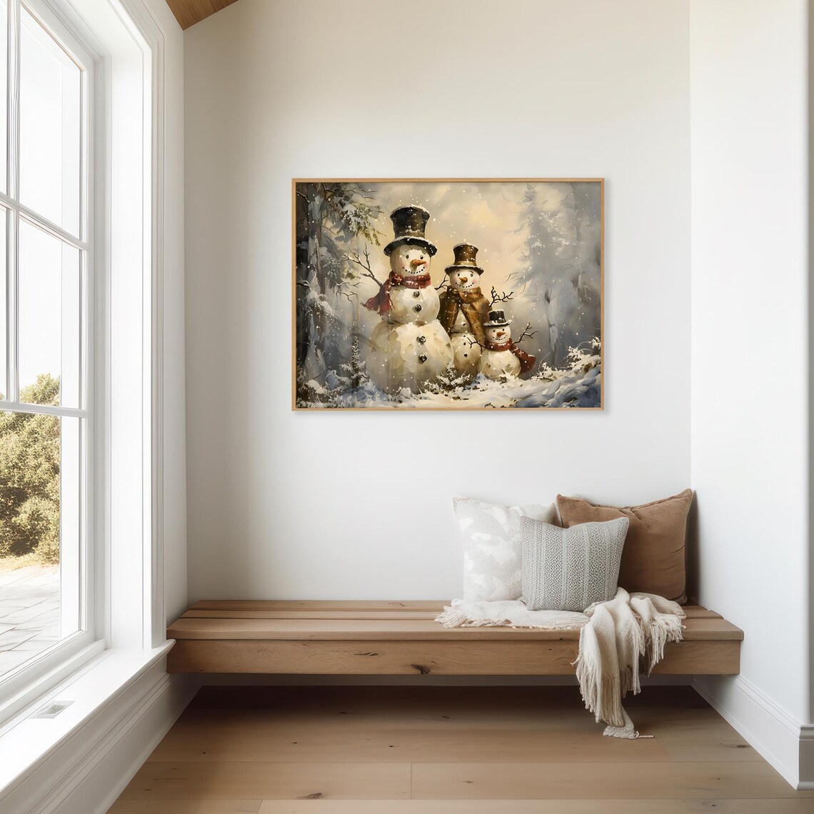 Snowman Family Trio in Top Hats in a Snowy Forest Christmas Poster - Image 3