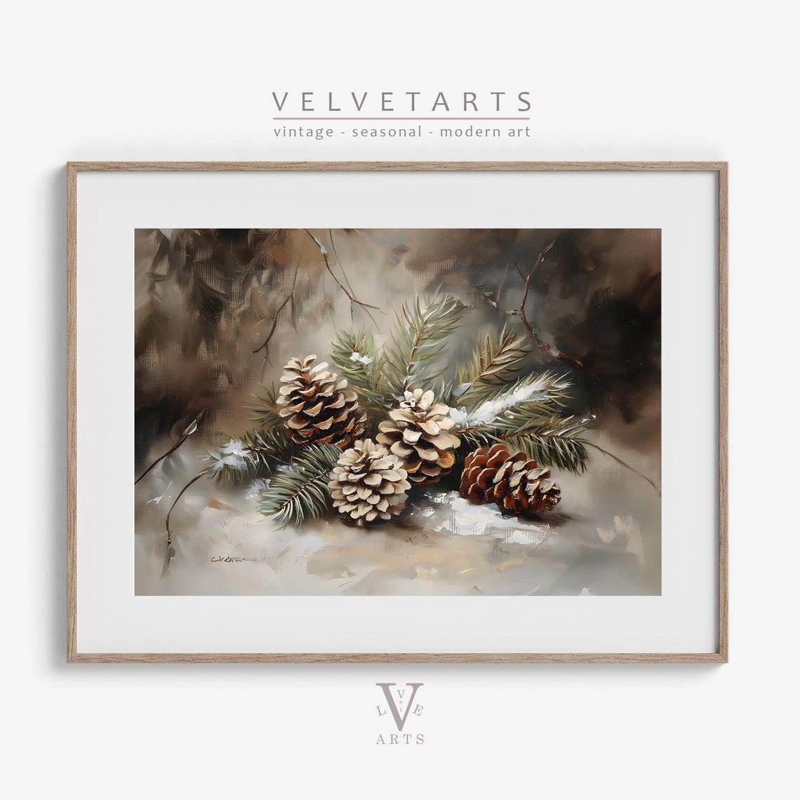 Frosted Pinecones Evergreen Branches Neutral Winter Wall Art Poster