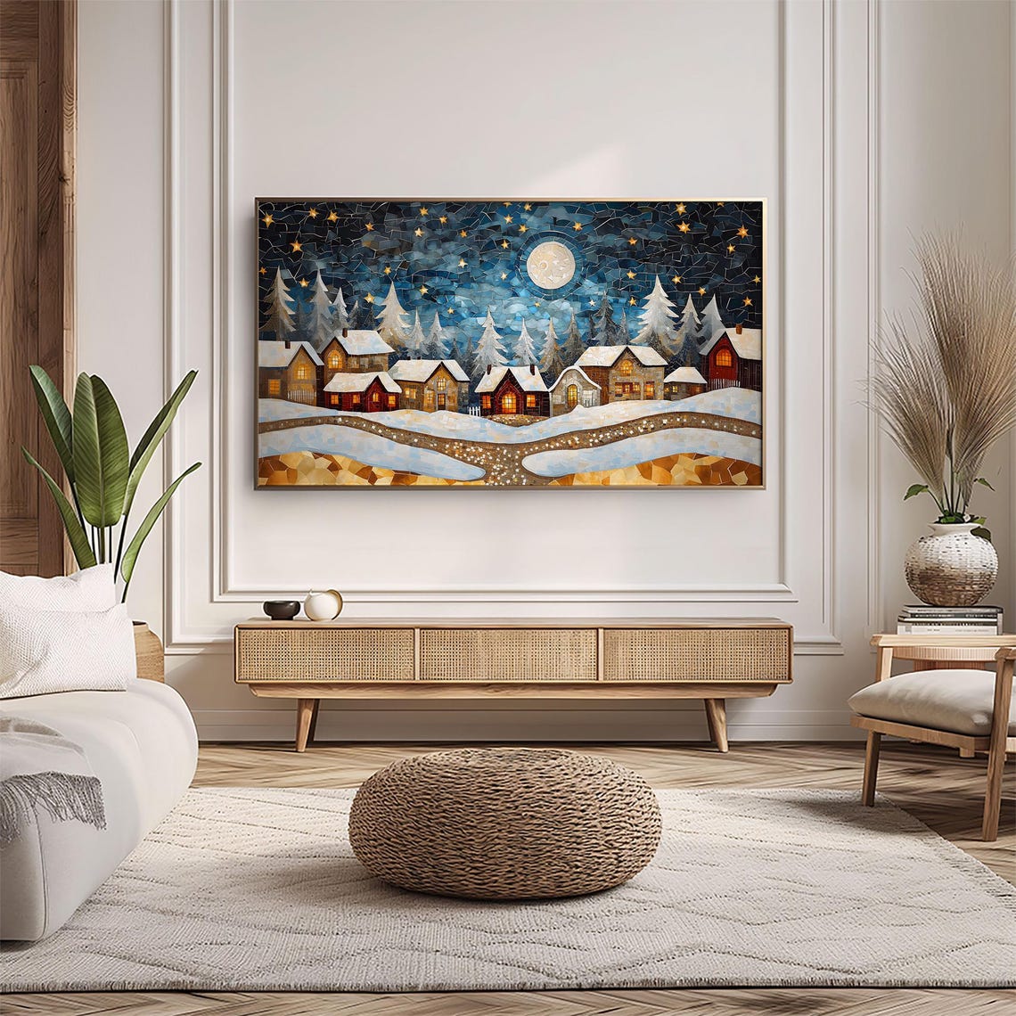 Moonlit Snowy Village Mosaic Christmas Winter Scene Magical Wall Art - Image 5