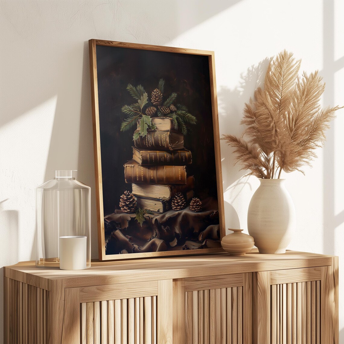 Antique Books Stack Pine Cones Holly Dark Moody Winter Wall Art Print - Image 3