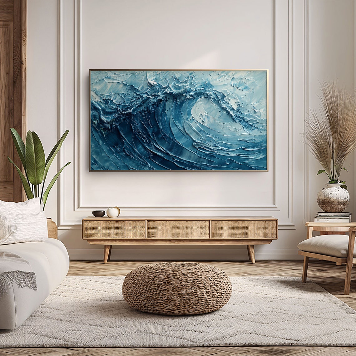 Deep Blue Ocean Swirl Impasto Abstract Wave Painting Wall Art - Image 5