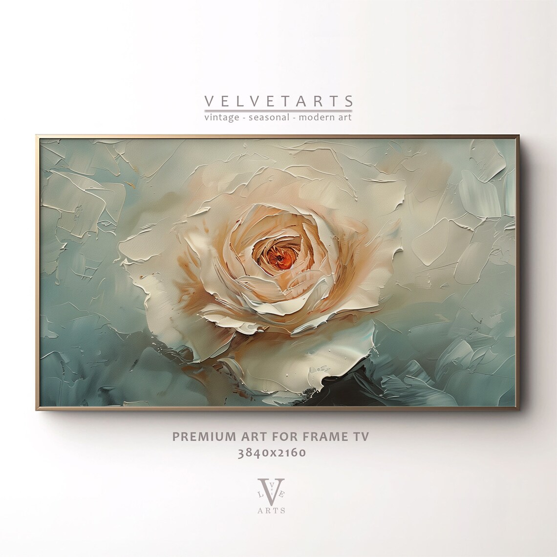Cream Rose On Blue Grey Textured Vintage Floral Painting Wall Art