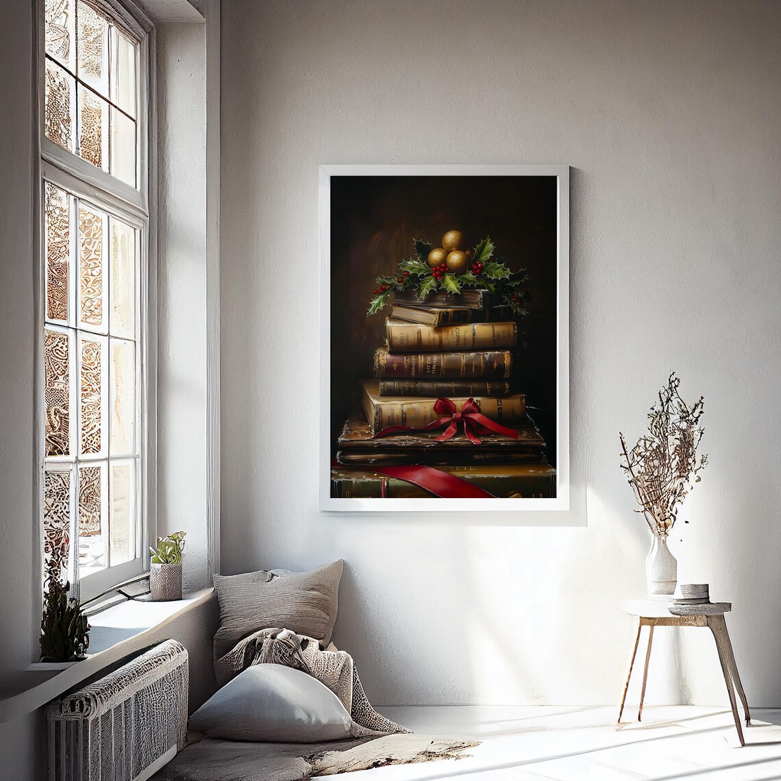 Stack of Antique Books With Holly Berries and Gold Ribbon Poster - Image 2