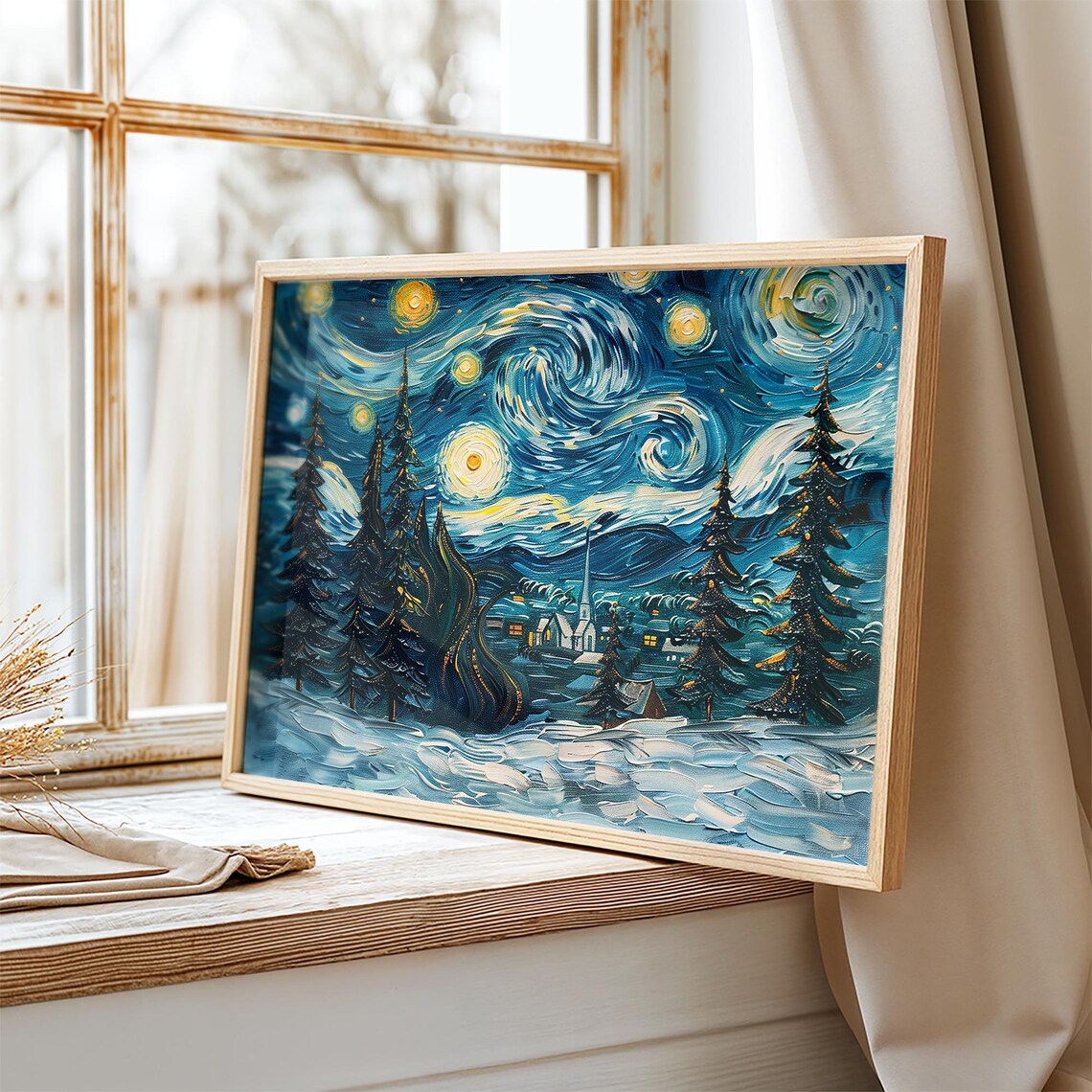 Starry Night Winter Village Church Swirling Sky Snow Wall Art Print - Image 2