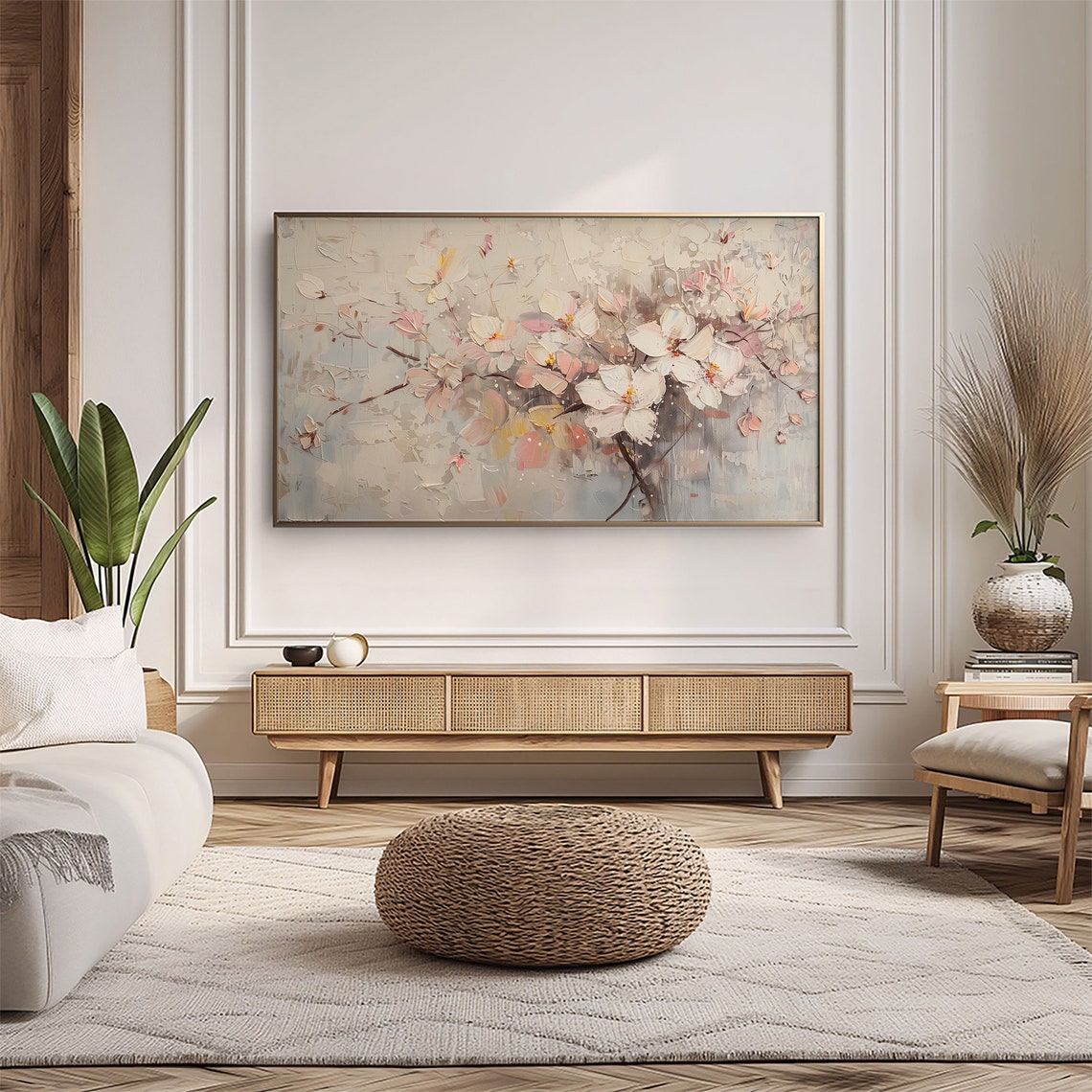 Cherry Flowers Blush White Textured Botanical Spring Painting Poster - Image 5