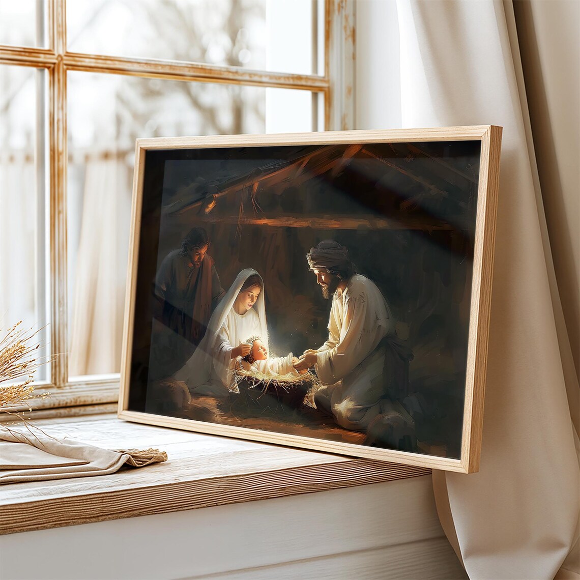 Glowing Nativity Manger Scene Holy Family Vintage Christmas Wall Art Print - Image 2