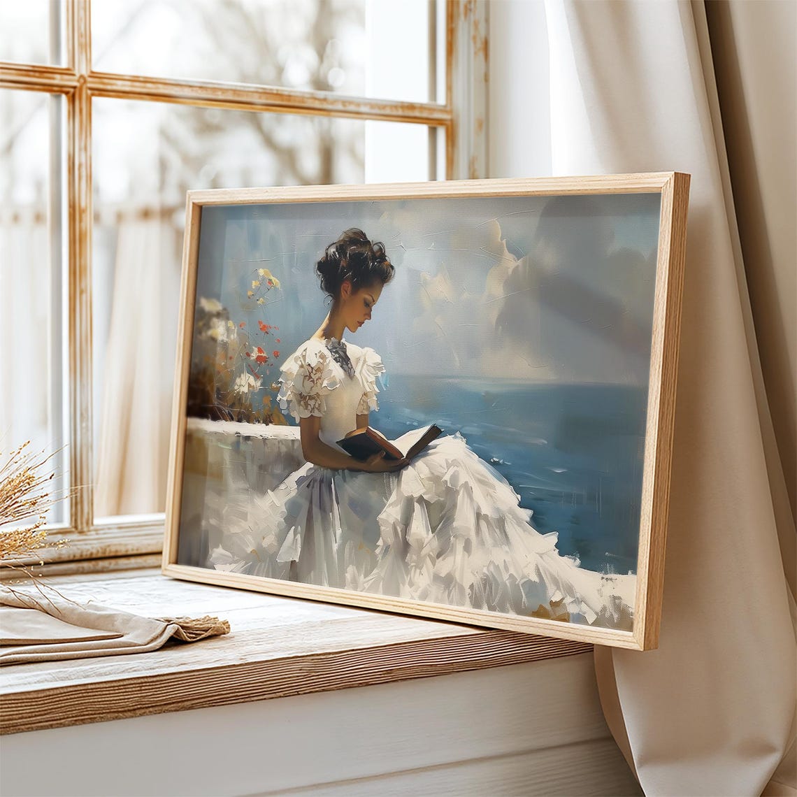 Woman In White Dress Reading Vintage Painting Neutral Antique Painting Farmhouse Art Vp0160 - Image 2