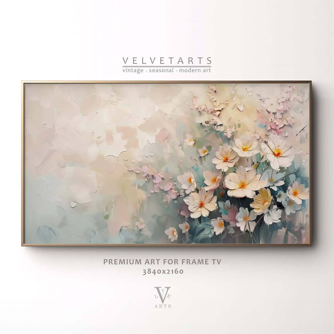Spring White Cosmos Blossom Floral Impasto Painting Airy Wall Art