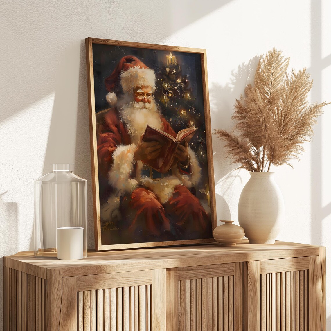 Santa Claus Reading Book By Christmas Tree Candlelight Wall Art Print - Image 3