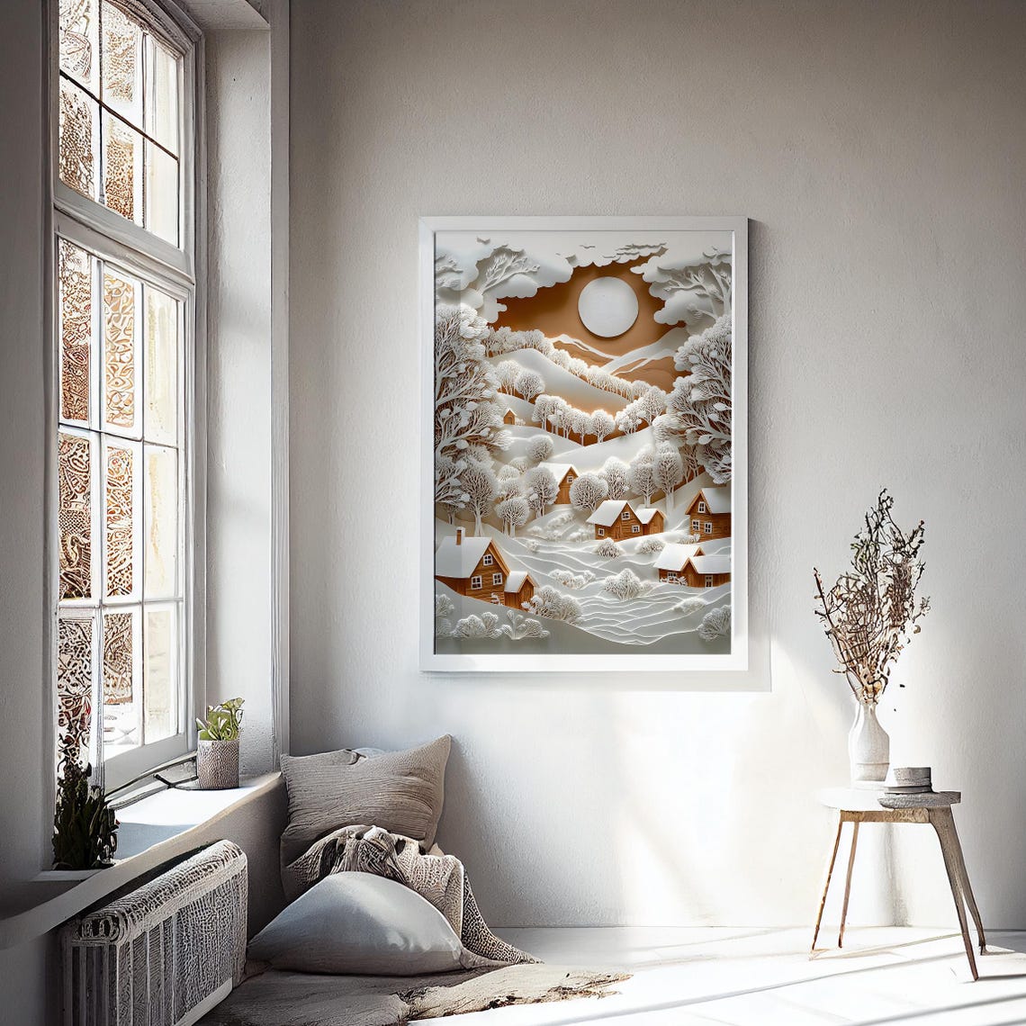 Papercut Style Winter Village With Moonlight and Cabins Art Poster - Image 2