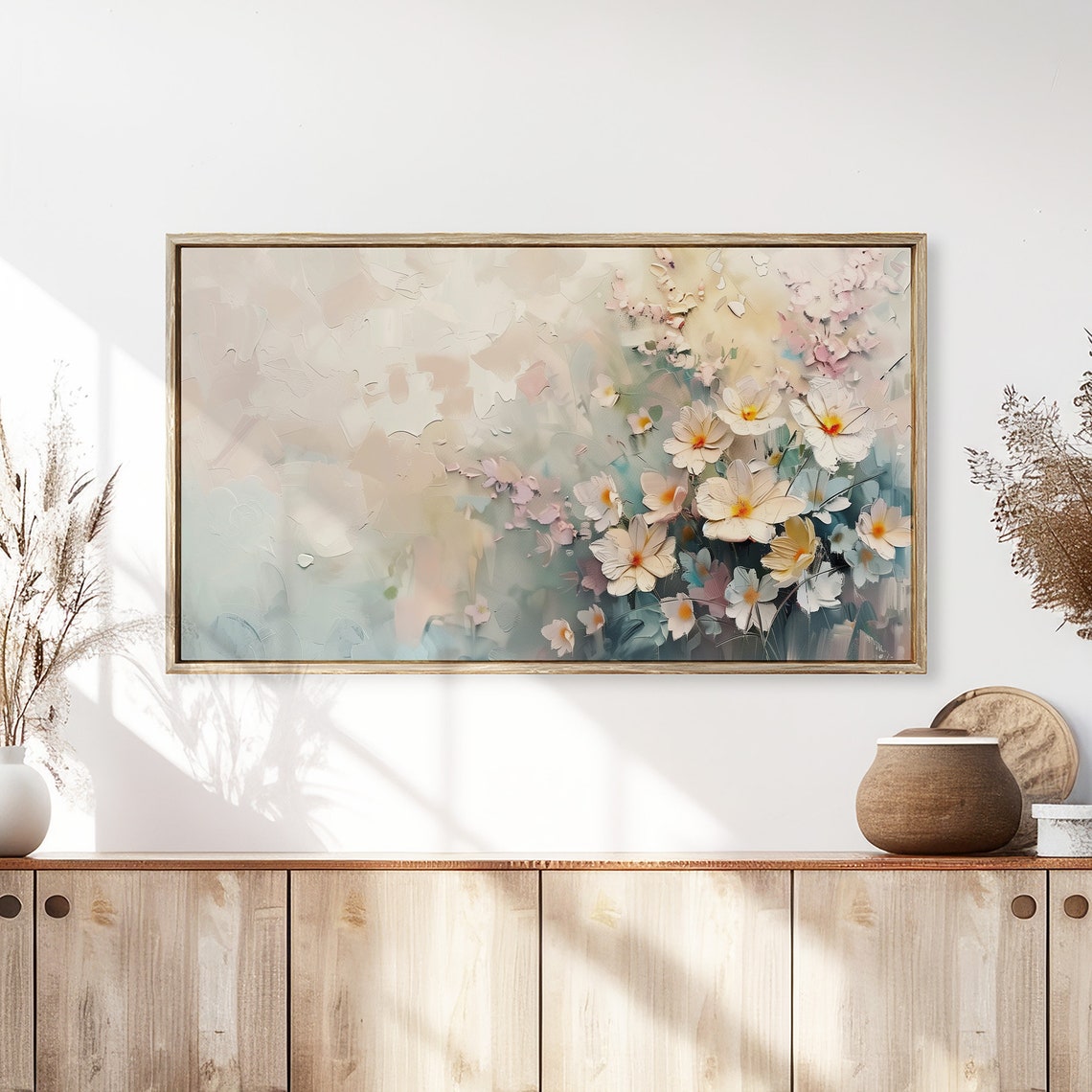 Spring White Cosmos Blossom Floral Impasto Painting Airy Wall Art - Image 3