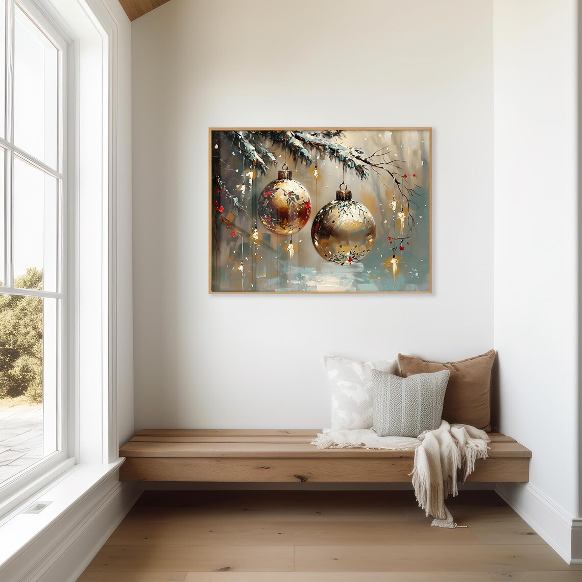 Golden Christmas Ornaments Hanging From Snowy Branch Art Poster - Image 3