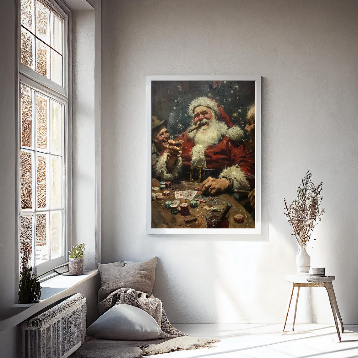 Santa Claus Playing Poker With Friends Funny Vintage Style Wall Art - Image 2