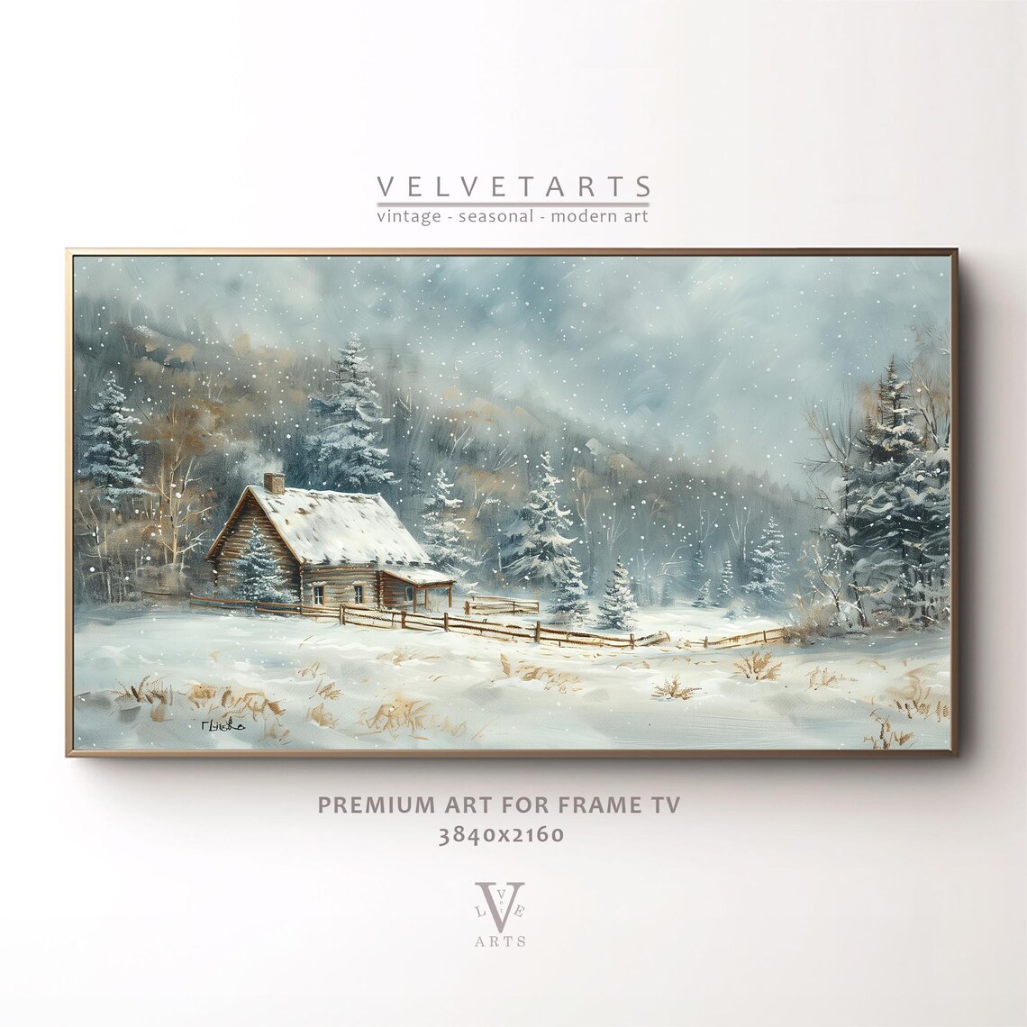 Frame Tv Art Snow Cabin In Winter Landscape Christmas Decor Winter Festive Painting Farmhouse Art Christmas Tv0213