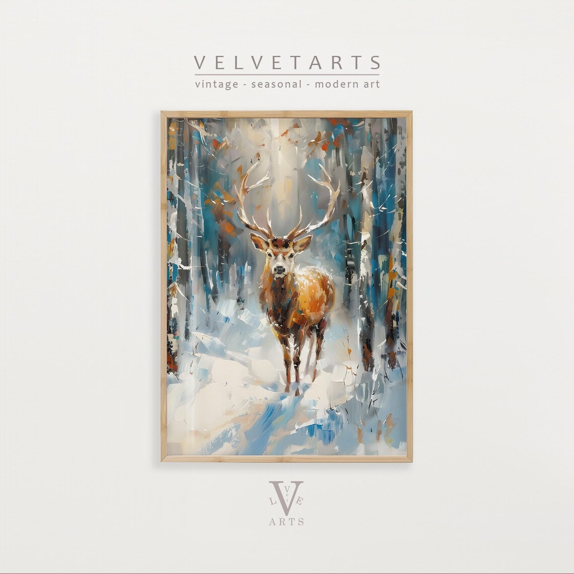 Majestic Stag in a Snowy Winter Forest Vintage Painting Wall Art
