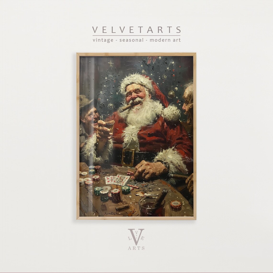 Santa Claus Playing Poker With Friends Funny Vintage Style Wall Art