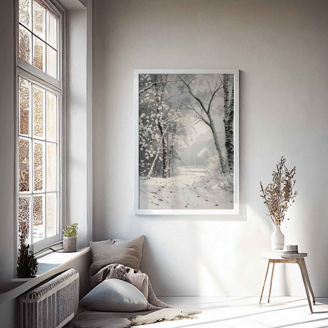 Birch Grove Winter Forest Snowy Path Minimalist Neutral Wall Art Print - Image 2