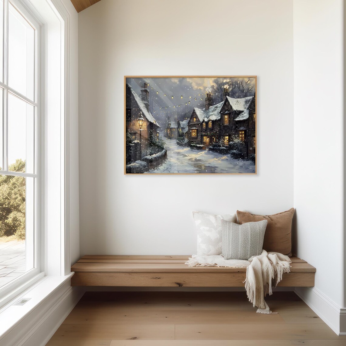 Snowy Village Street Night Glowing Windows Cottage Wall Art Poster - Image 3