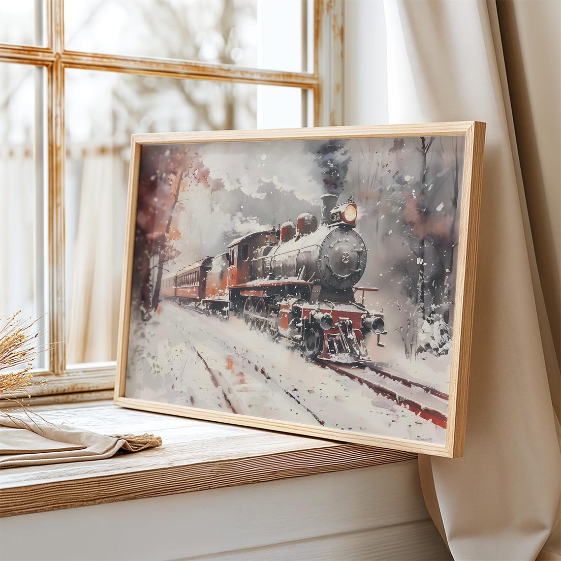 Vintage Red Steam Train Traveling Through a Snowy Forest Poster - Image 2