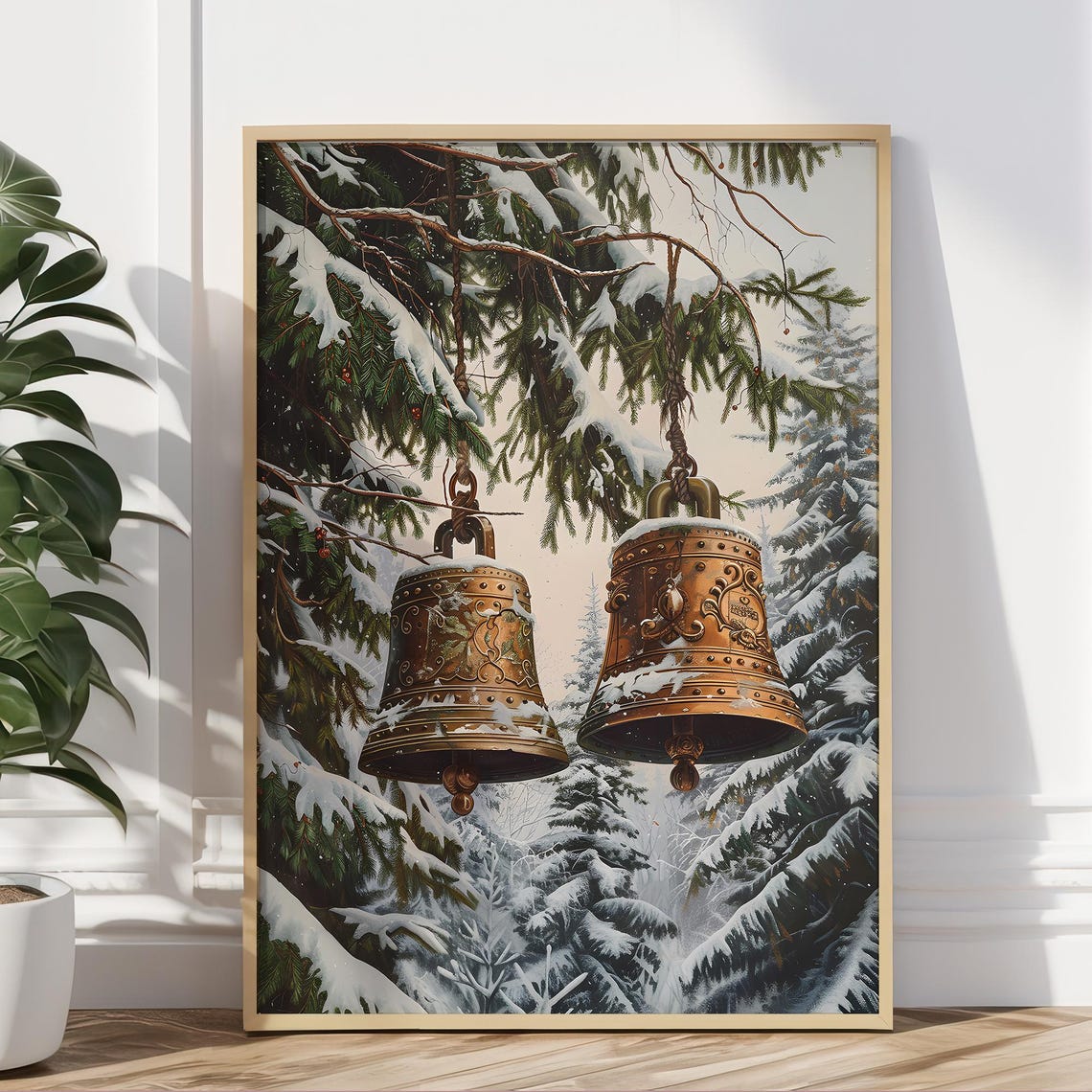 Antique Bronze Christmas Bells Hanging on Snowy Pine Branches Poster - Image 5