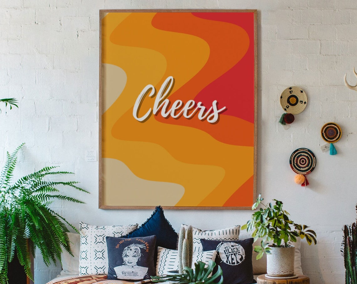 Cheers Retro Script Quote Poster On Orange Red Wavy 70s Waves