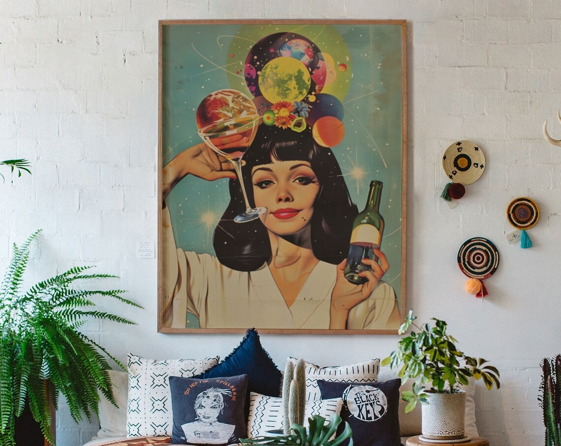 Retro Wine Woman Cosmic Poster With Planets And Cocktail Glass