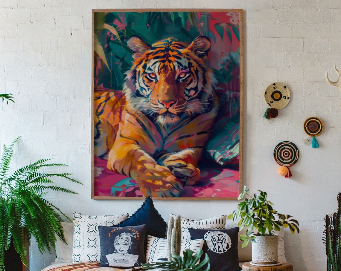 Majestic Resting Tiger Portrait in Bright Pink Teal Jungle Poster - Image 9