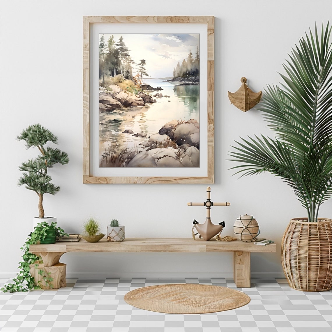 Tranquil Rocky Shoreline Pines Calm Water Watercolor Scenery Poster - Image 2