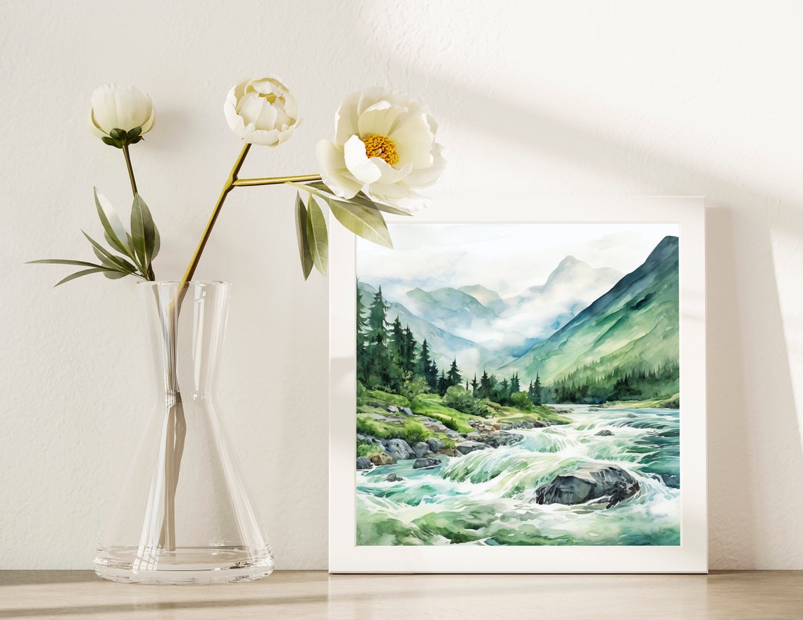 Green Mountain Valley Rushing River Rapids Watercolor Wall Art - Image 2